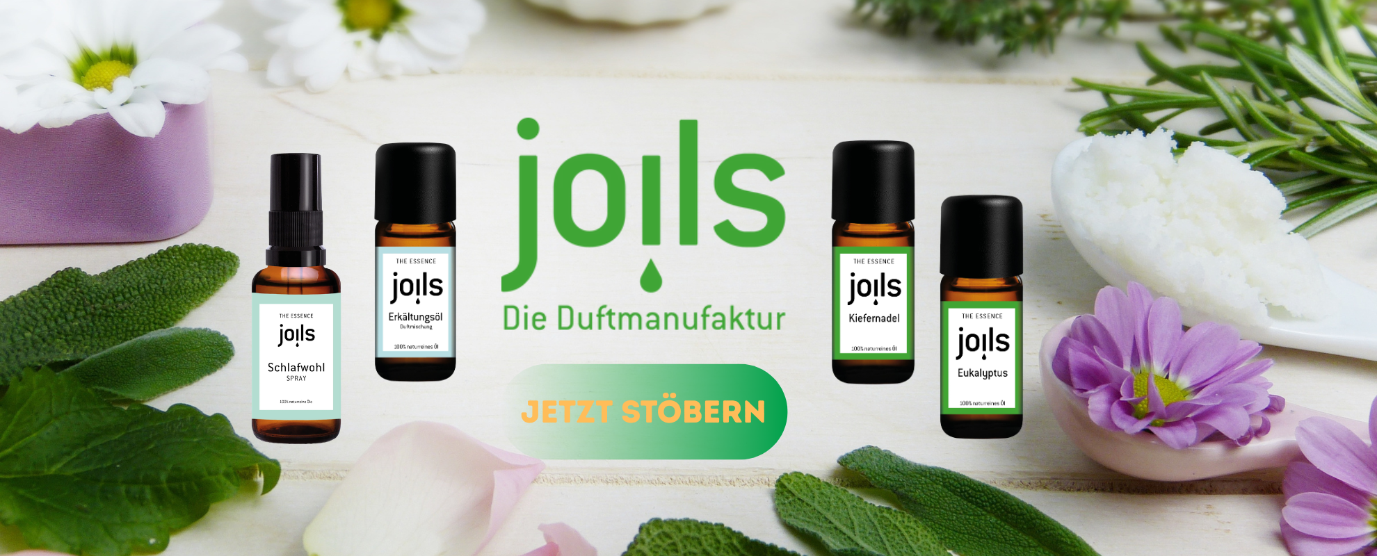 JOILS Duftöle und Raumsprays mit naturreinen ätherischen Ölen vor Kräutern und Blüten – Duftmanufaktur Produkte