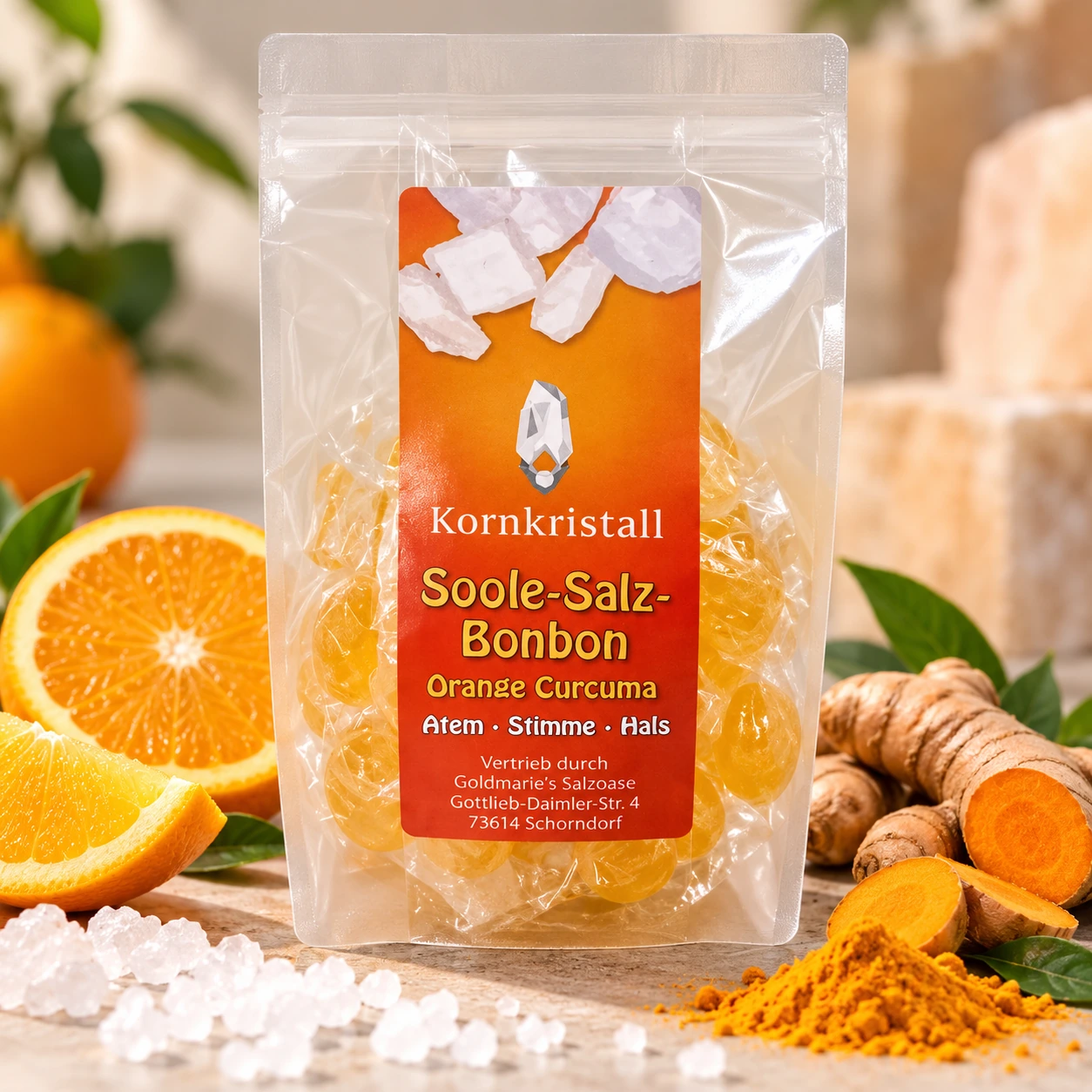 Kornkristall Sole-Salz-Bonbons Orange-Curcuma